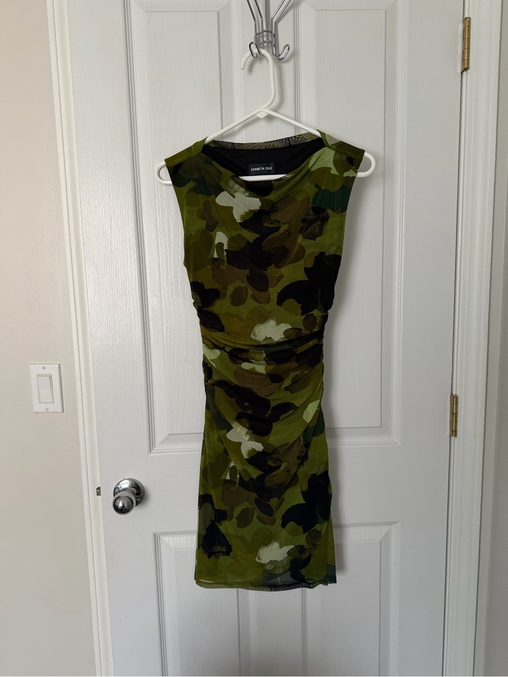 Kenneth Cole Olive Green Camo Ruched Midi Dress
